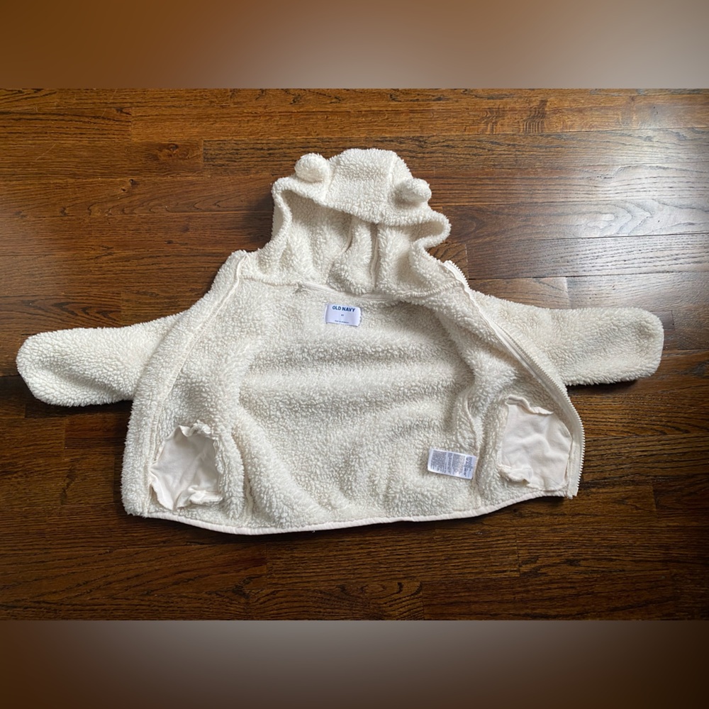 3T toddler girl sherpa fleece zip up hoodie Old Navy Cream White Jacket bear ear - Picture 16 of 16